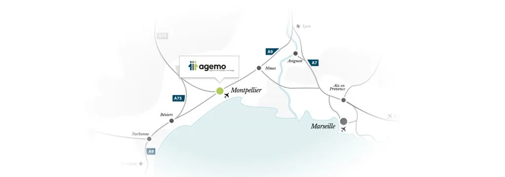 Carte de localisation AGEMO : Montpellier, entre Narbonne, Nîmes et Marseille